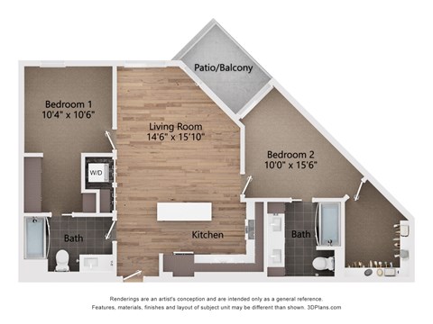 A floor plan of a house with two bedrooms, a living room, a kitchen, a bath, and a patio/balcony.